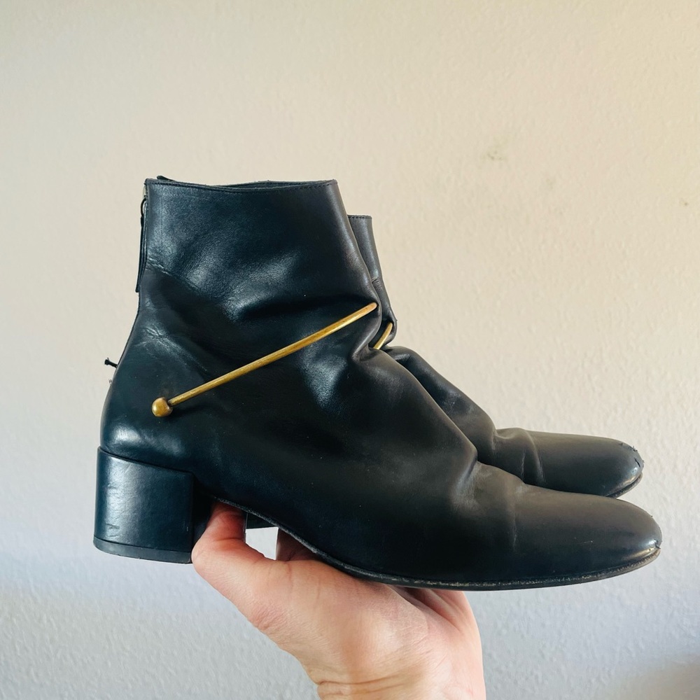 Freda Salvador Black Leather Metal Loop Stirrup Ankle Boots